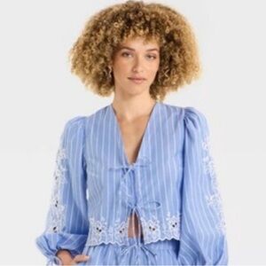 Elegant Blue Striped Women's Blouse with Lace Accents